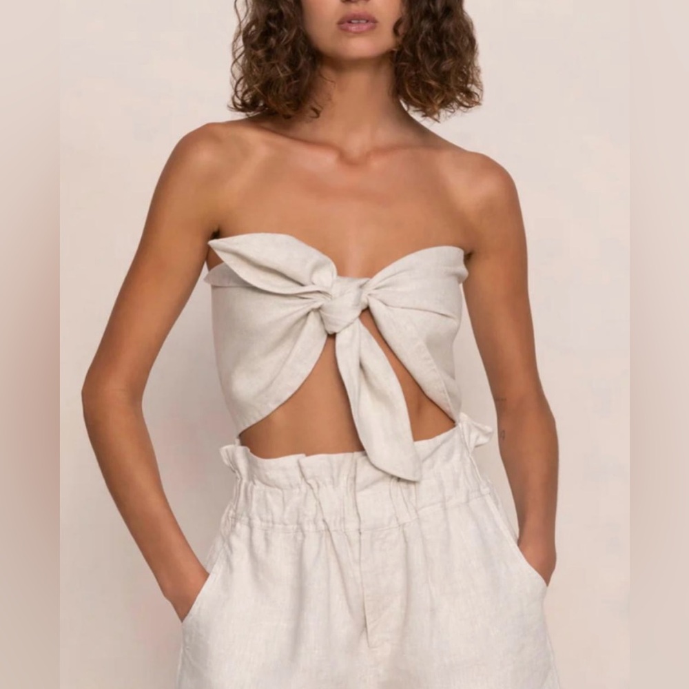 Posse Cream Tie-Front Strapless Crop Top